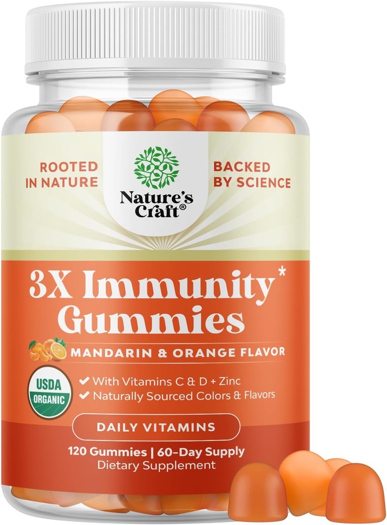 Natures Craft Vegan 有机免疫支持Gummys - D3 Zinc和维生素C Gummys 成人豁免 - 成人免疫支持有机维生素D 补充Gluten Free & Non-GMO(60服务)