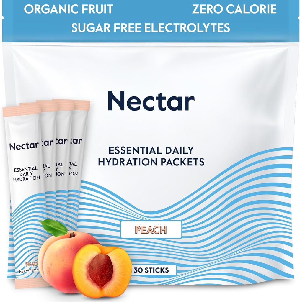 Nectar水解包 - 电解质粉包 - 无糖和0卡路里 - 有机水果液体日报IV 电解质粉,用于脱水救济和快速补水(Peach 30 Pack)