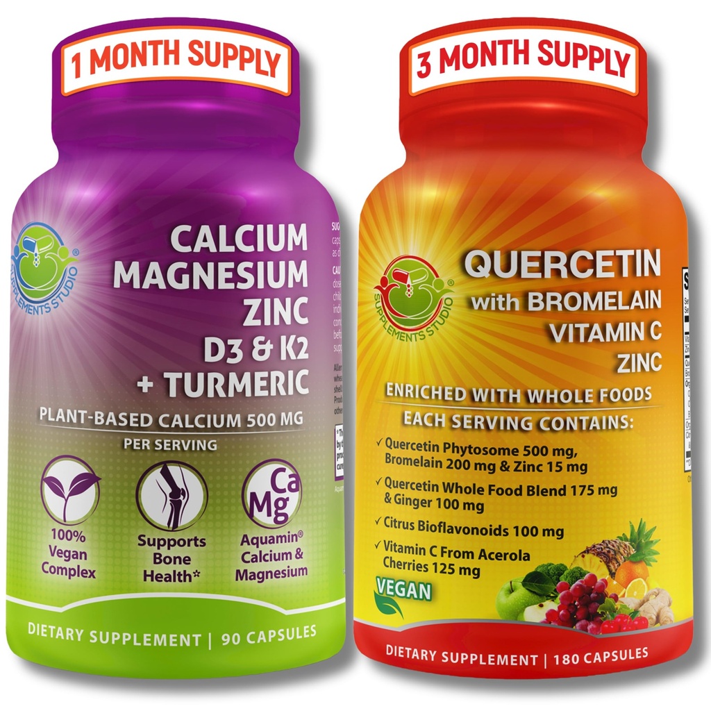 Suppments Studio Quercetin with Bromelain, Vitamin C & Zinc + 植物基钙, 镁, D3, K2 & Turmeric – 100% Vegan Supplication Bundle for Immune & Bone Supports 维加宁 维加宁 维加宁 维加宁 维加宁 维加宁 维加宁 维加宁 维加宁