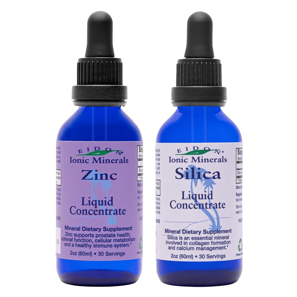 Eidon Ionic矿物 液态硅和锌液滴、2 Fl Oz、免疫健康、皮肤护理、全自然材料、无人工颜色或防腐剂