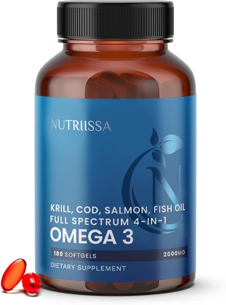 Nutriissa Full Spectrum Omega-3 – 2000 mg Oil Blend (Krill, Cod & Salmon Oil) — 1,175 mg Omega-3s (EPA, DHA & DA) — EPEB认证,3-Month 供应 — 心脏,大脑和联合支持 — 180 Halal Softgels