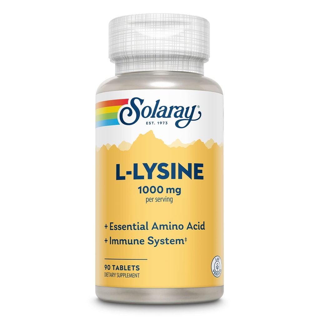 SOLARAY Lysine - 免费基本氨基酸 - 免疫支持补充剂,配有1000mg L-Lysine,1000mg 维生素C和25mg Chelate Zinc - 实验室验证,60天保证,30种服务,90片