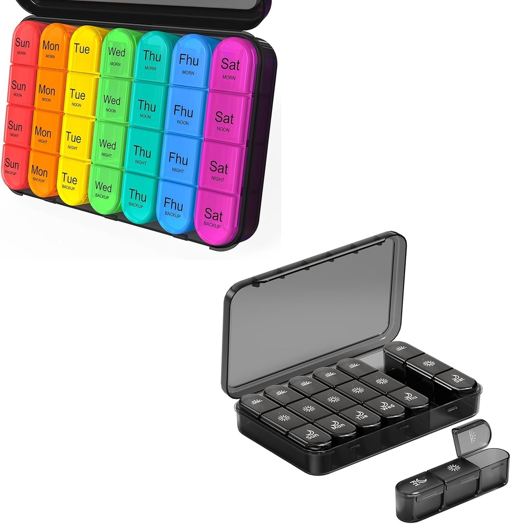 Daviky Pill组织者 4 Times a day - Pill Organization者 3X a day, Pill Box 7 日,使用可移动容器进行日常维他命、补充剂和药剂旅行的大型每周药品案例