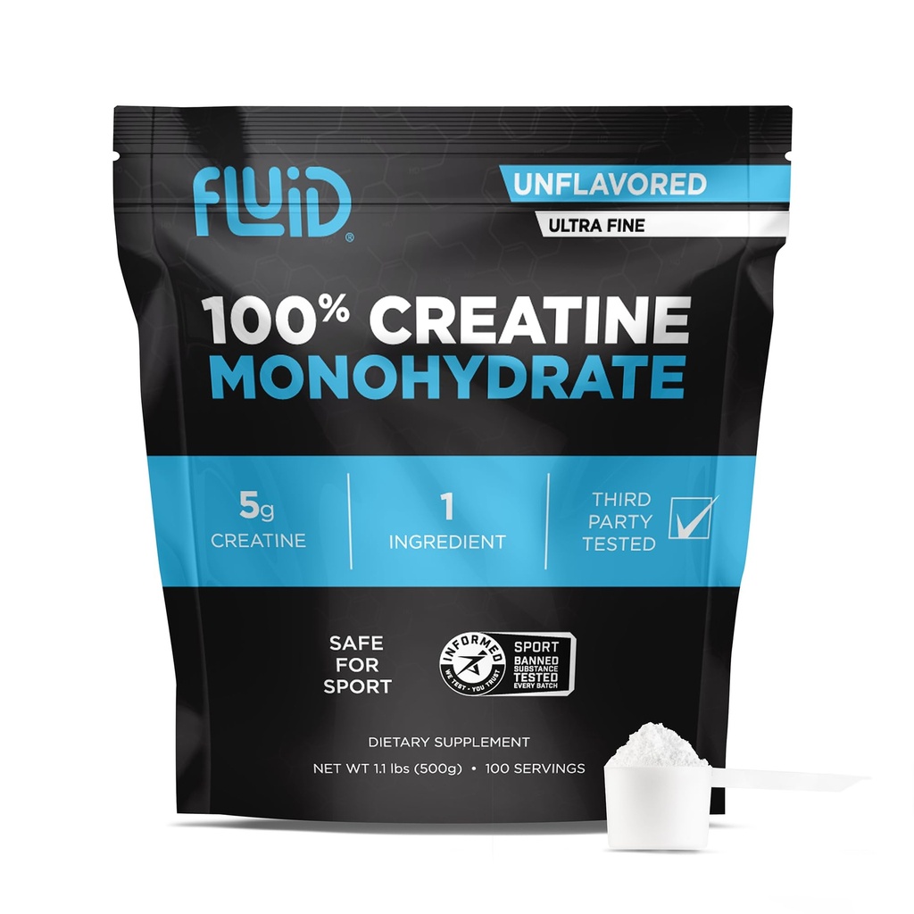 Fluid Creatine - 百分百Creatine 单水合物粉,无味,知情体育认证,每服务5g(100名)