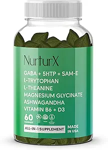 GABA + 5-HTP + SAM-e,L-Tryptophan,L-Theanine,Ashwagandha Gummys,全美自然增产,美国制造,Vegan,60 Gummys