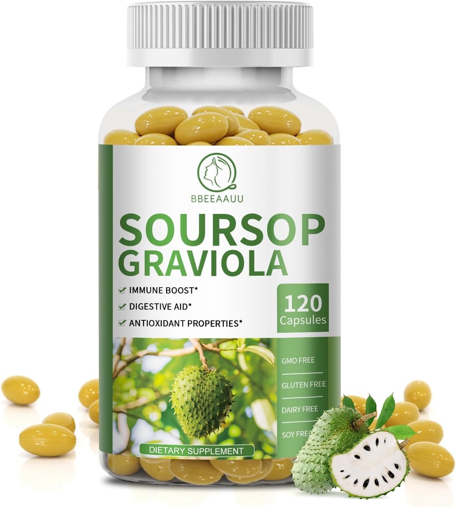 Soursop Graviola Capsules with Kelp, 用于细胞再生、增强免疫力、消化支持、抗氧化剂属性、Gluten自由、非转基因、Vegan、120个计数