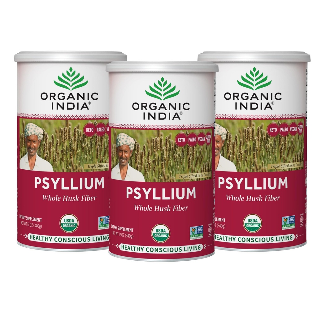 ORGANIC INDIA yl草粉 - 全胡斯克纤维补充剂,文摘支持,Vegan,无胶体,USDA认证有机物,非GMO,溶性与不溶性纤维源 - 12 oz(包3)