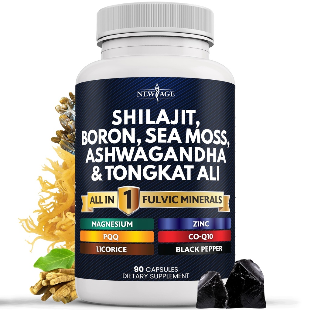 新AGE Shilajit 与Sea Mos, Ashwagandha, Tongkat Ali, Boron, 镁 - Fulvic Acid Capsules for Men - 90 计数