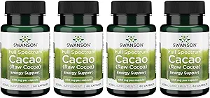 Swanson Full Spectrum Cacao (Raw Cocoa) - Herbal Supplement Promoting Mild Energy Support - Traditional Whole Fruit Formula - (60 Capsules, 400mg Each) 4 Pack
