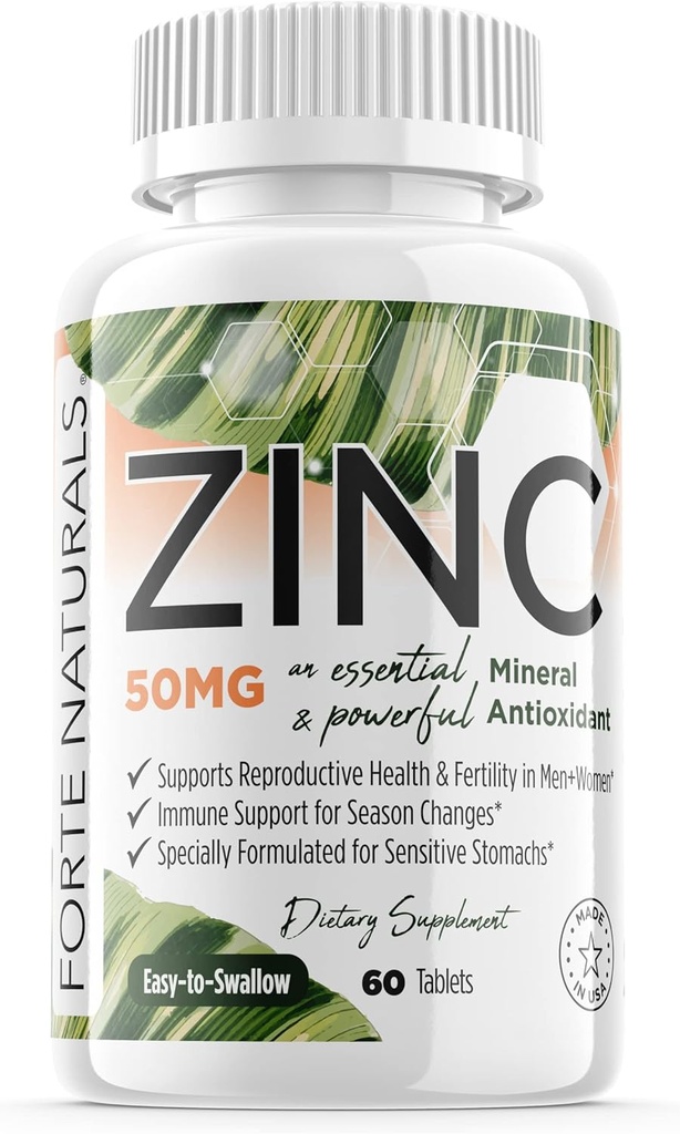锌50mg,(60块平板),为敏感胃,免疫支持,皮肤和头发,Vegan Zinc 补充品,美国非GMO制造的特制