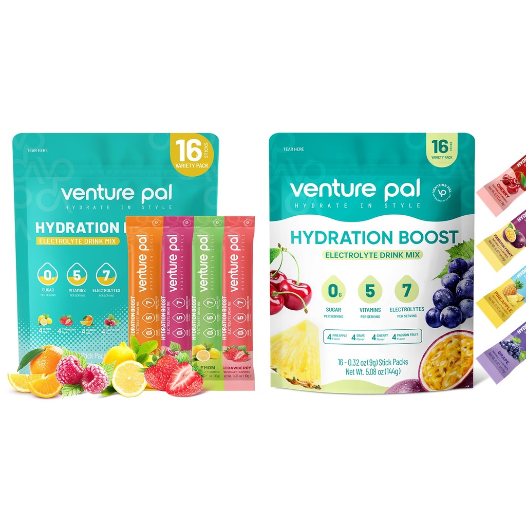 Venture Pal Free Electrolyte Power Packets - 液态日报IV 快速水分和党回收的饮料混合 → 5 Vitamins & 7 Electrolytes → Keto Friendly → Kent-GMO → 认证 Vegan → 16棒