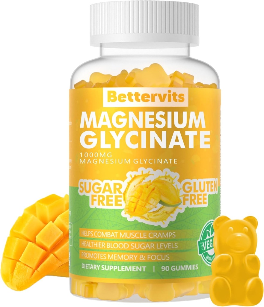 90 CT 甘化镁 1000mg - 无糖镁 钾 补充维生素D, B6, CoQ10 用于镇静Mood & Sleep Supports - 90 Mango Pineapple Gummys