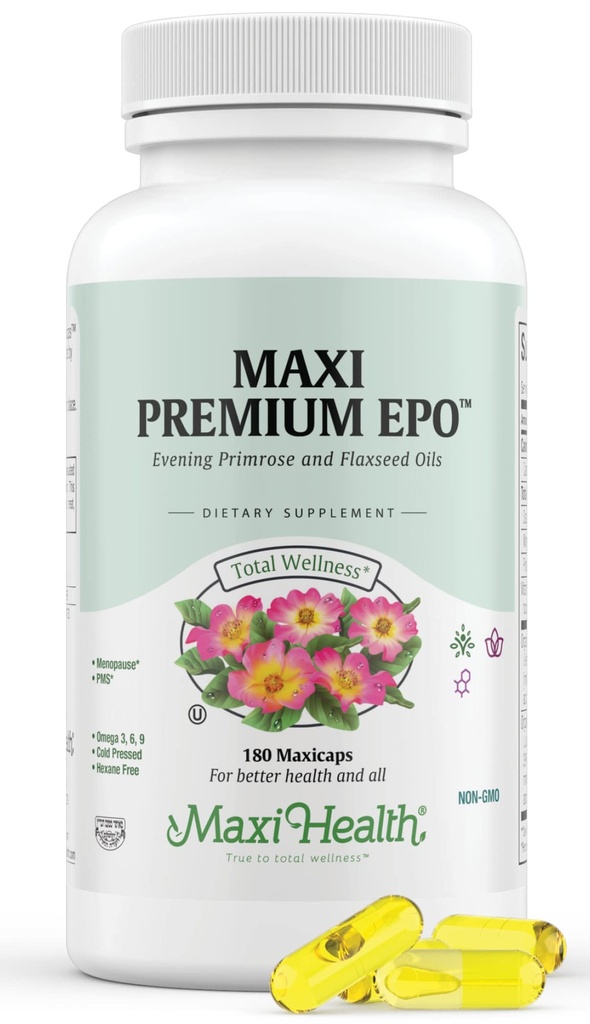Maxi-Health Evening Primrose和Flax种子油软胶 - Vegan Omega 3 6 9 健康皮肤,头发和联合体的补编 - Kosher认证,有机晚间Primrose油软胶,180 Counter