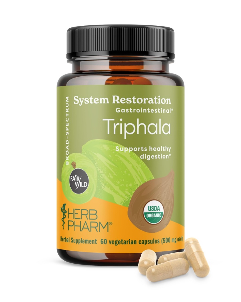 Herb Pharm USDA 有机Triphala Capsules → 与Amla、Haritaki和Bibhitaki合作的清洁和戒毒支持和消化健康支持,认证 → 60 Vegan Capsules, 最多30天的供应量*