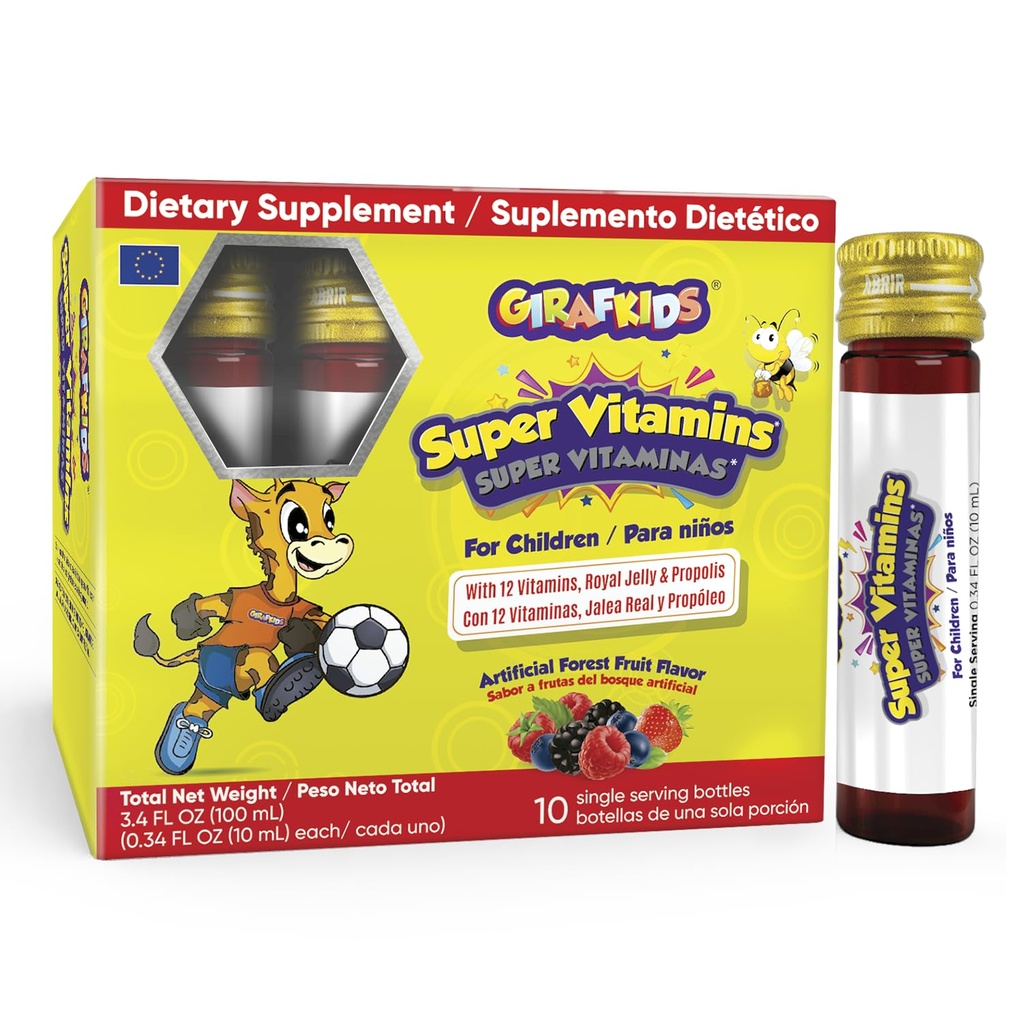 GirafKids Super Vitamins for Kids Ages 4 + → 10 服务瓶 液态多维坦用于免疫支持和能源 → 12 维塔明 → 美味的森林水果火焰 → 富含皇家Jelly & Propolis