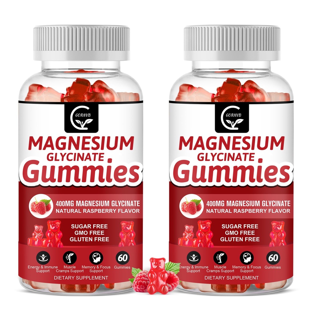 甘油镁(Glycinate Gummys 400mg),Mg 钾补充剂,配有甘油镁(Chelated Magnesium Malate Complex),维生素D,B6和CoQ10,支持记忆,冷静,Mood & Sleep - 60 counts (Pack of 2).