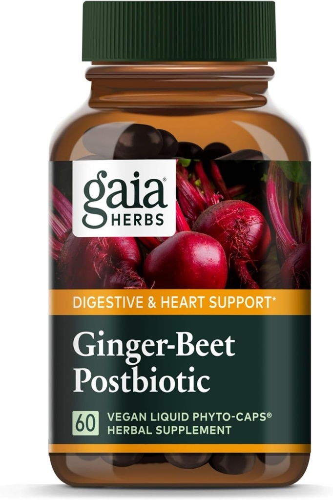 Gaia Herbs Ginger-Beet Postbiotic - Gut & Heart Health Supports - 用有机发酵的 Beets & Ginger制造 - 免乳制品、大豆和葡萄糖 - 60 Vegan Capsules(30种服务)