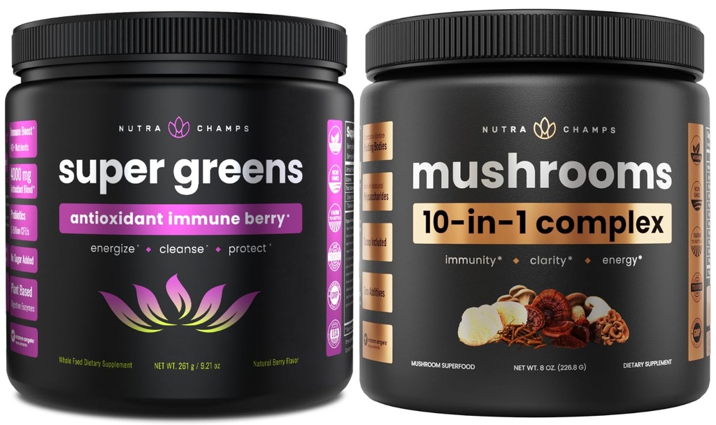 NutraChamps 超级绿色 抗氧化剂和超级蘑菇:超大脑,Gut & Body Boost