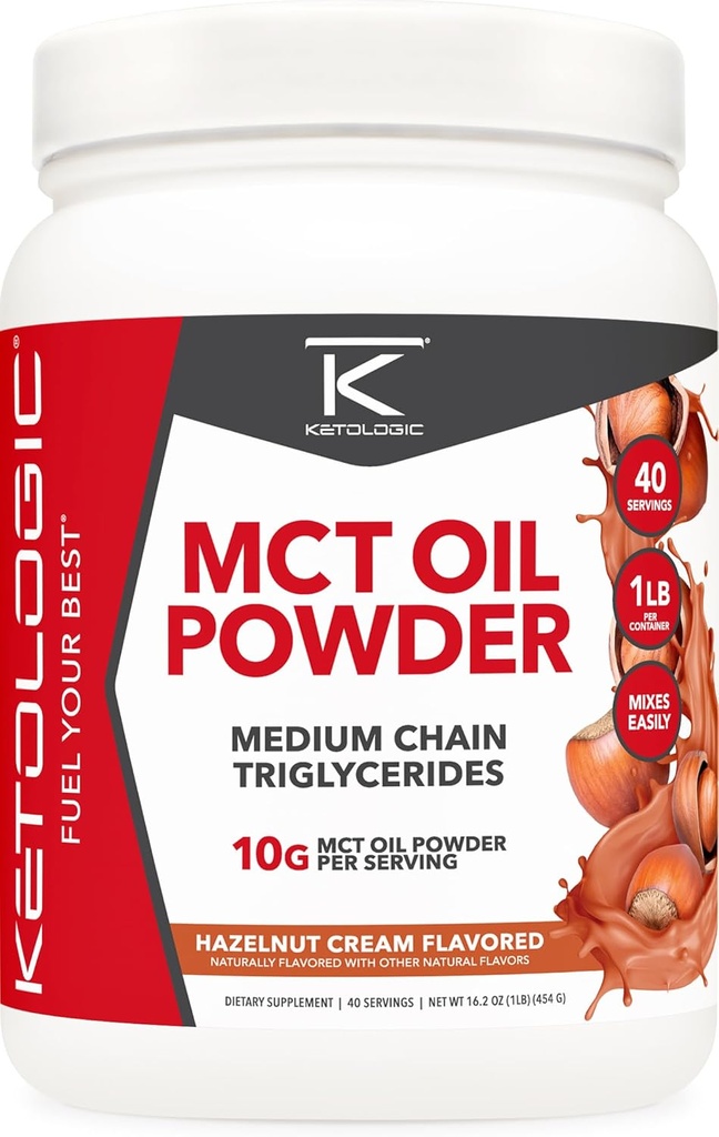 Ketologic MCT 油粉 Hazelnut 奶油( 1 LB) – Keto Coffee Creamer & Energy Support – 41 中链三甘油酸盐用于聚焦和燃料