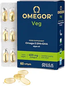 Vegan Omega 3 补充 OMEGOR Veg - Algae Omega 3 配有250mg EPA和125mg DHA配有维生素E - Vegan Society和IFOS认证(60 Caps)