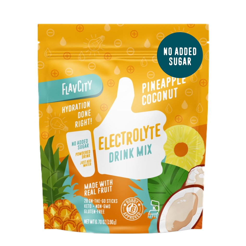 FlavCity Pineapple Coconut Electrolytes Powder Packets - 28 水解包 - 无添加糖 - 含真果和未精炼海盐的水解包 - Keto & Gluten-free (28 棒包装)