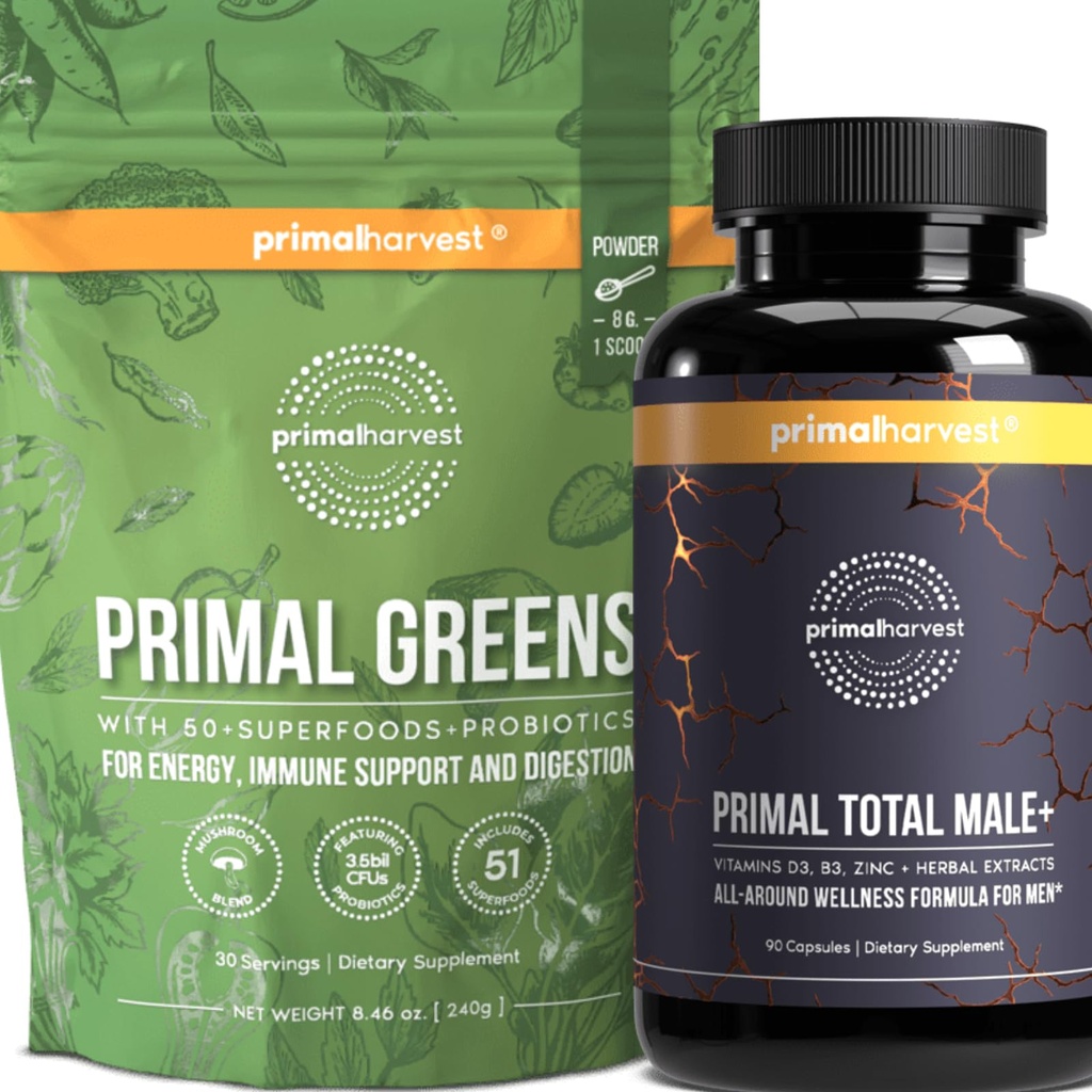 男性+和Primal Greens男性多维生素和营养补充剂,配有Ginseng、维生素D和B、锌、亲生药和更多、Gluten和奶制品