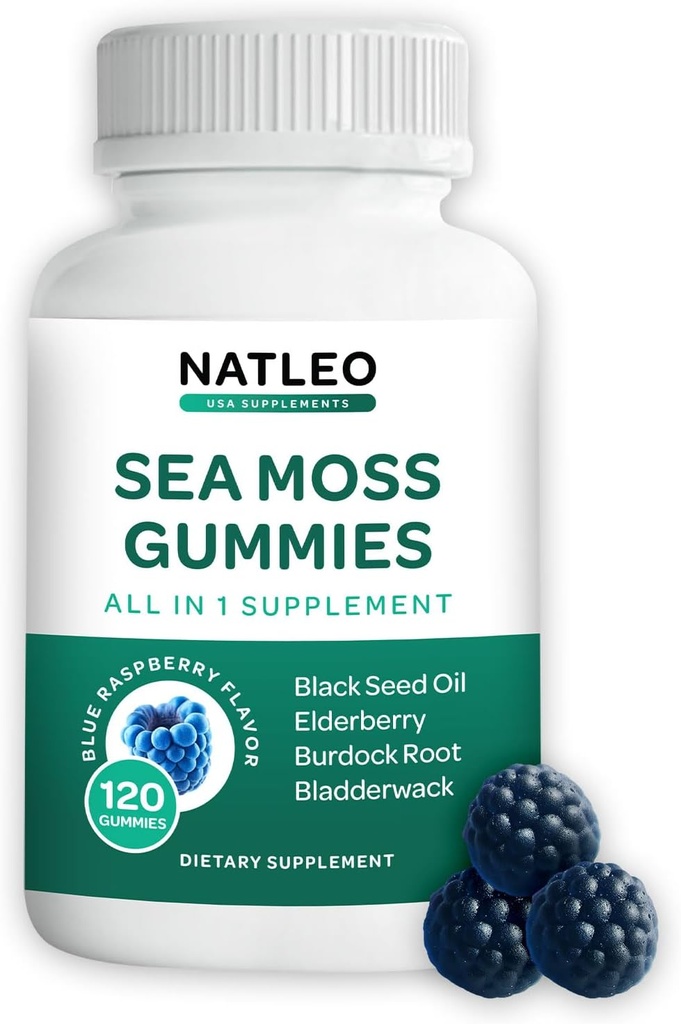 NATLEO USA Sea Moss Gummys 配有长莓,黑种子油和Burdock root - Vegan, Gluten - Free, Non-GMO, 1750mg - 支持每日井 - 在美国制造(120计)