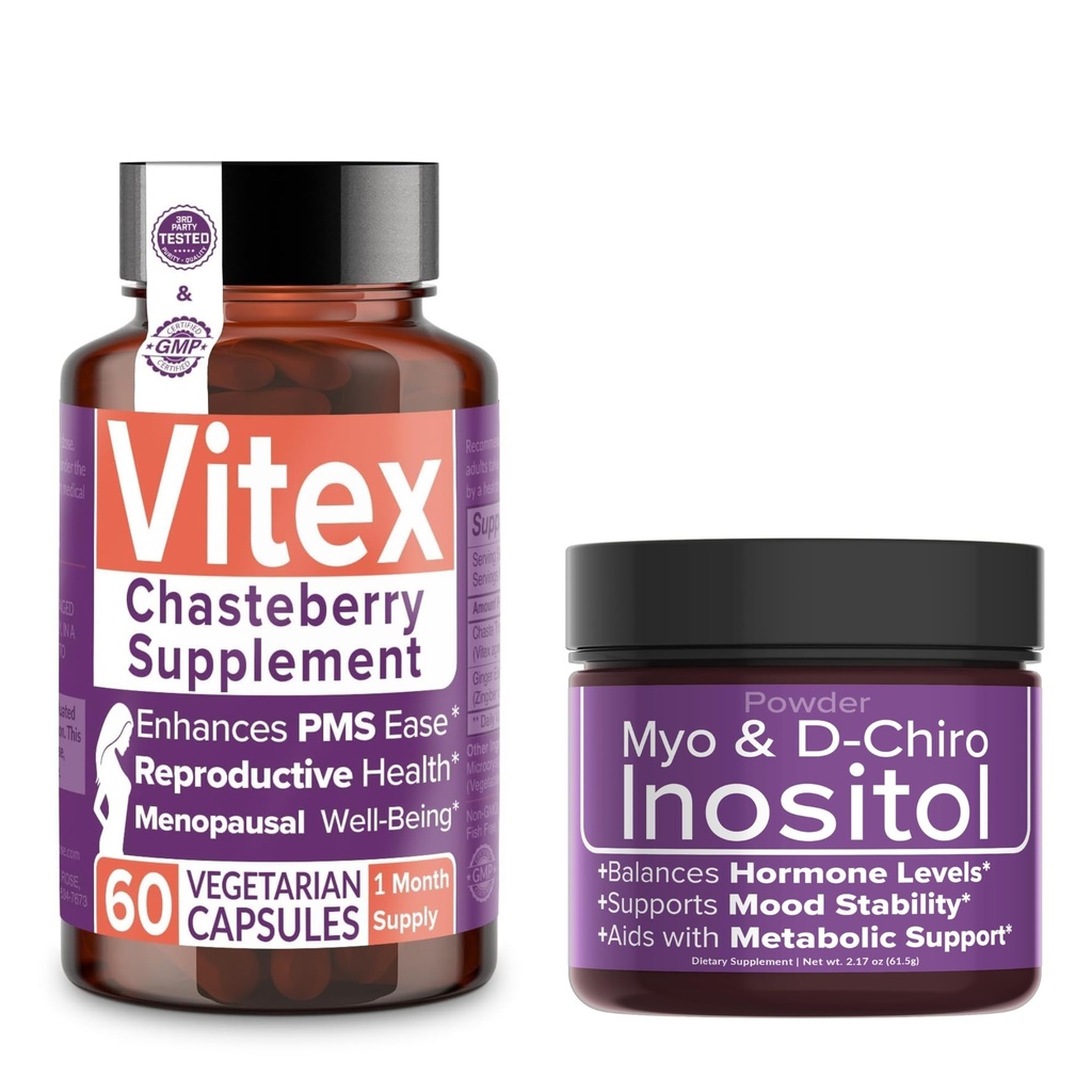 在荷尔蒙平衡与生育健康套装上节省10% – Vitex Chasteberry 补充 + Myo & D-Chiro Inositol 粉末用于PCOS和月球支持