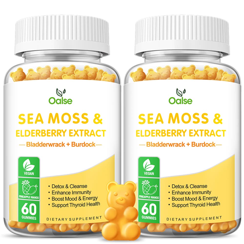 Sea Moss Gummys for Adults and Kids, 2000 mg Raw Seamos, Bladderwrack, Burdock Root, 长老莓, Pepper, 维生素C & D3, 锌支持Immune系统与布尔斯特能源(2-Pack)