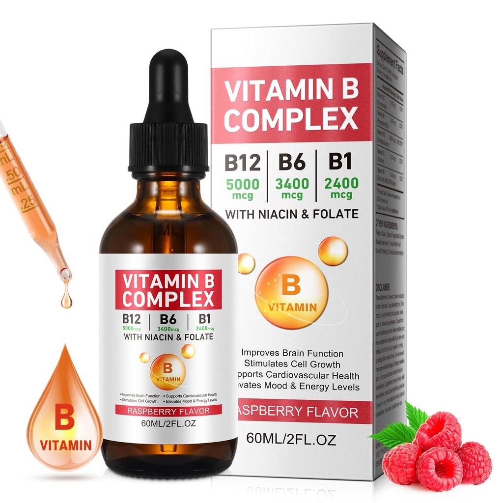 维生素B 复合液体 Vegan 维生素B12 液体滴液 | B12 甲基Cobalamin | B1 胺 | B6  Py Pyridoxine | Folic | Niacin - B 复合液体滴液,支持能量,大脑和心脏,40 服务