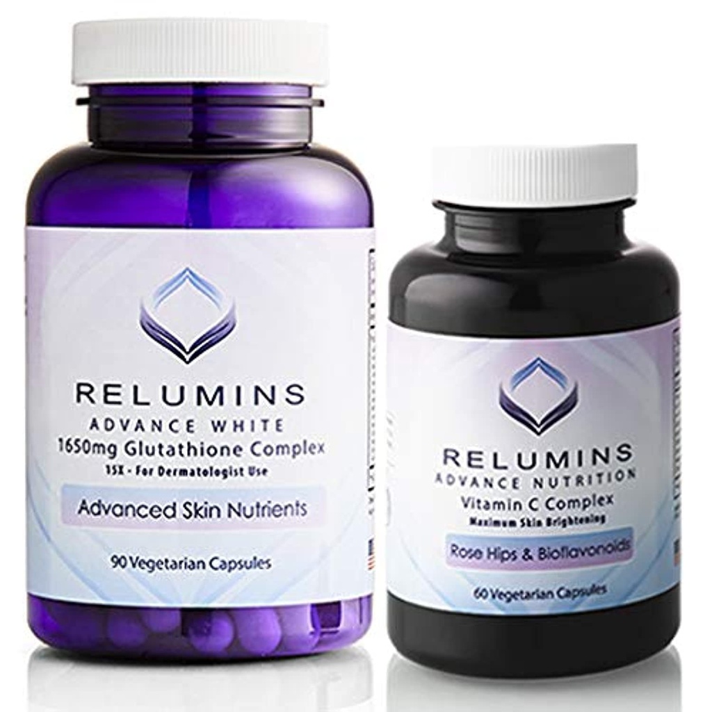 发光高级白色套件 - 1650mg Glutathione Complex (90 Capsules) 和高级维生素C 配有玫瑰 HIPS 和 Bioflavoids (60 Capsules) Bundle