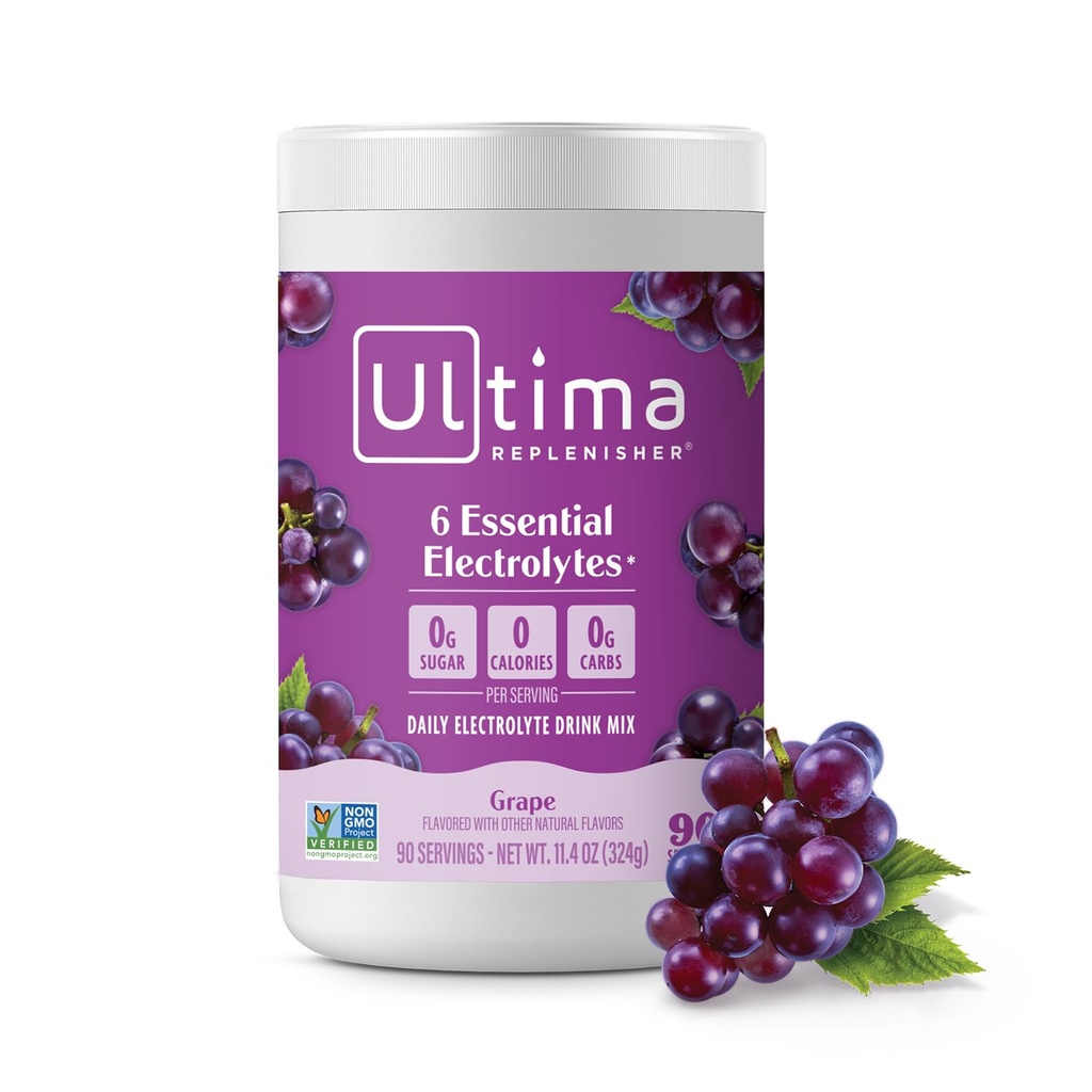 Ultima Replenisher Daily Electrolyte Powder Drink Mix – 无糖配料 – Grape, 90 services – 配有6个关键电解质和追踪矿物的水化配料 – Keto Friendly, Vegan, Non-GMO