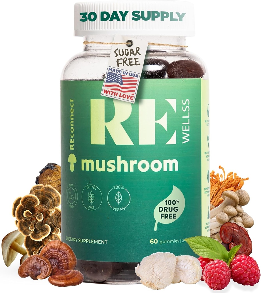 Super Mushroom Gummies I Sugar Free Organic Daily I Chaga Cordyceps Lions Mane Maitake Shiitake Turkey Tail Reishi | Supplements for Cognitive & Immune Support Focus Energy Stress Mood