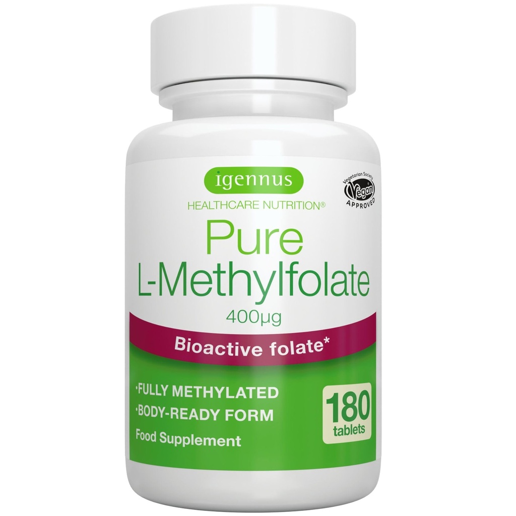 Igennus纯甲基Folate 400 mcg, 180 片, 清洁标签, 氟酸5-MTHF的甲基化形式(维生素B9), Vegan, 适合怀孕,一天一次,6个月供应