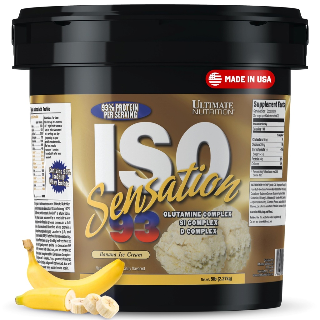 使用Glutamine Complex, ISO传感器 93的绝缘营养蛋白粉 -- -- 添加Colostrum促进恢复、豁免和古特健康 -- -- 香蕉,5升