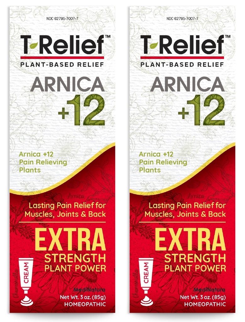 MediNatura T-Relief Extra Strength Cream Arnica +12 Natural Relieving Actives for Back Pain Joint Soreness Muscle Aches & Stiffness, Whole Body Fast Acting Relief for Women & Men - 3 oz (2 Pack)