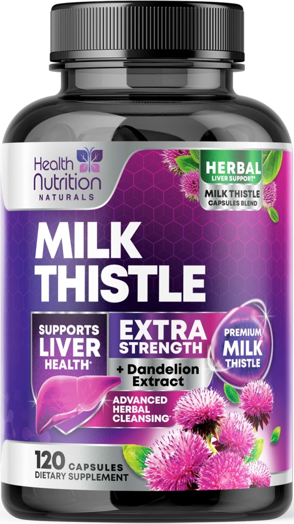 Milk Thetle Supplement - 高级肝脏清洁解毒与修复 Dandelion 根提取 - 天然牛奶 Tentle Silymarin Marianum 提取 肝脏健康支持, Non-GMO, Bottled USA - 120 Capsules