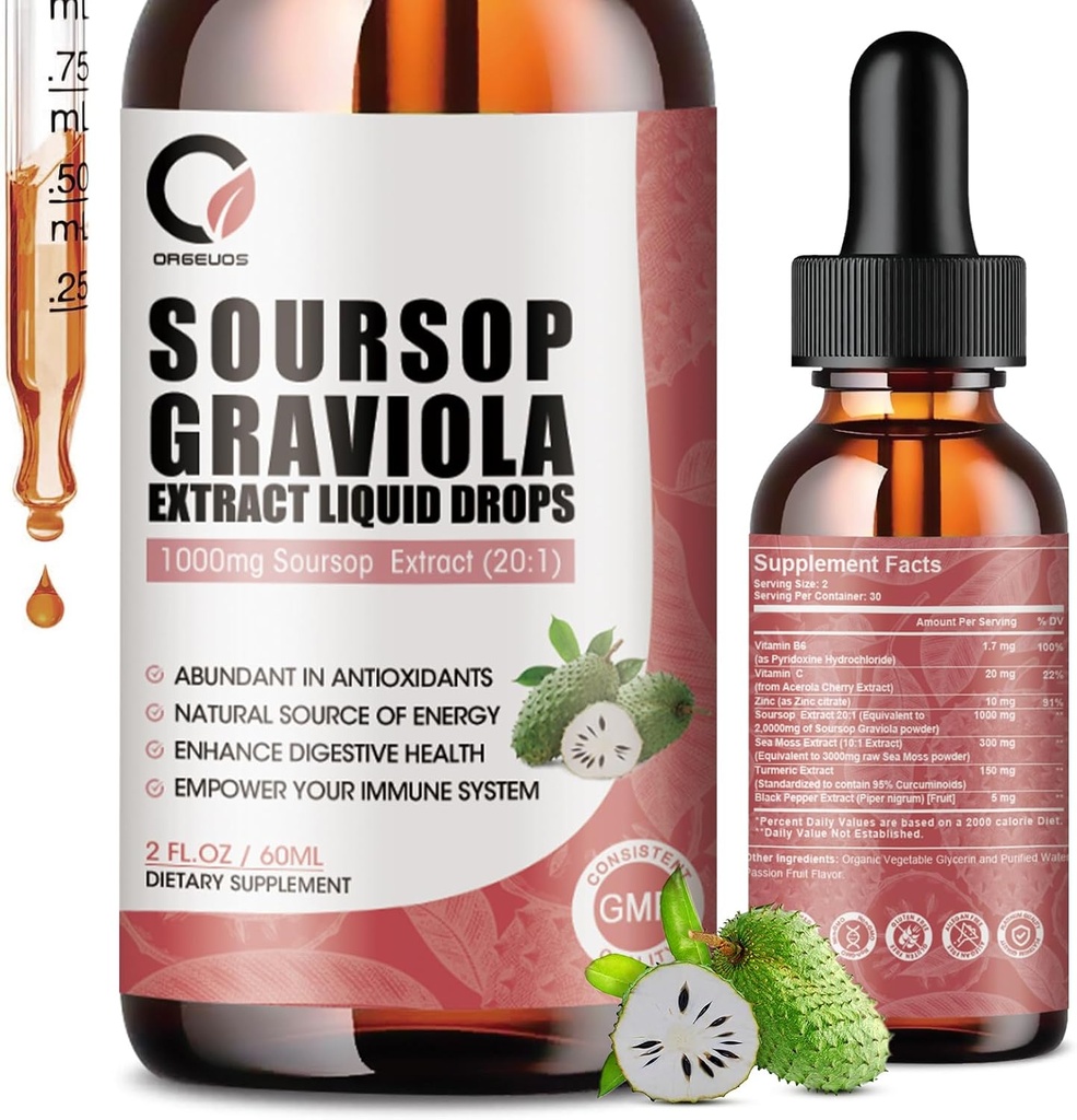 Soursop Graviola 液滴 - Soursop 提取器加海摩斯, Soursop 位数器液体用于细胞再生, Immune Boost, 放松, 抗氧化剂, 能量 - 2 Fl Oz