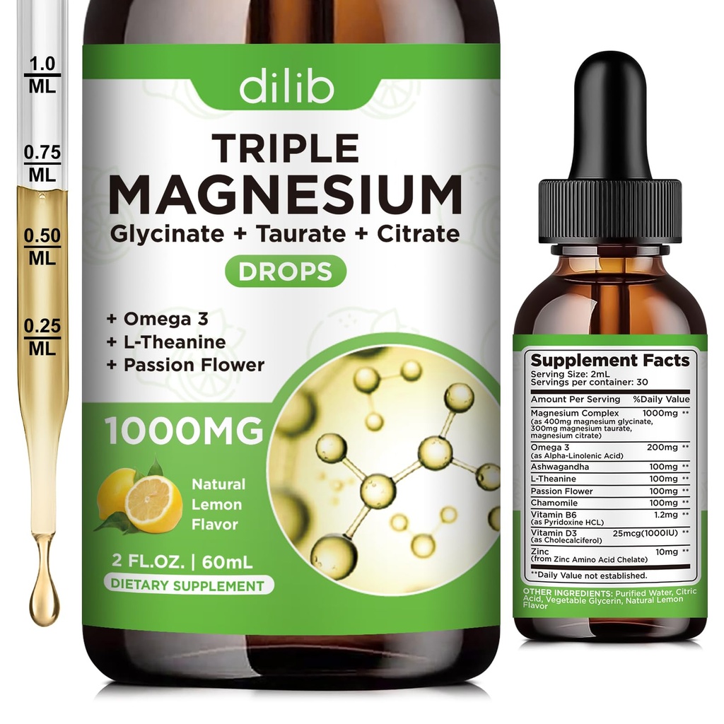 液化镁 甘油酸甘油补充剂1000mg, Calm Magnesium Citrate, Taulate Drops with Omega 3, Zinc, Ashwagandha, L-Theanine, 甘油用于睡眠, Mood, 压力缓解, Bone, 肌肉, Lemon Flavor