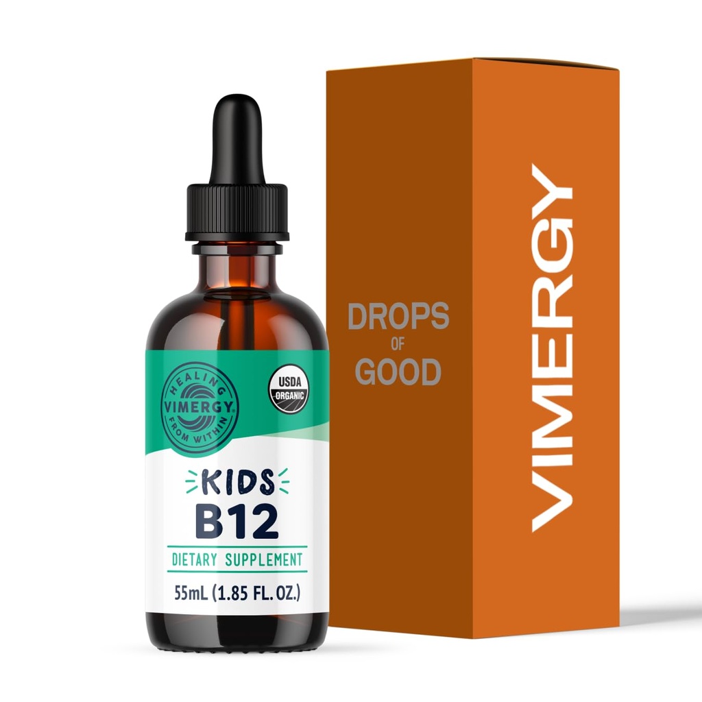 Vimergy Kids 有机液体 B12 – 促进身体发展和认知功能 * – 快速吸附免疫支持 * – USDA Organic, Vegan, Non-GMO – 55 mL
