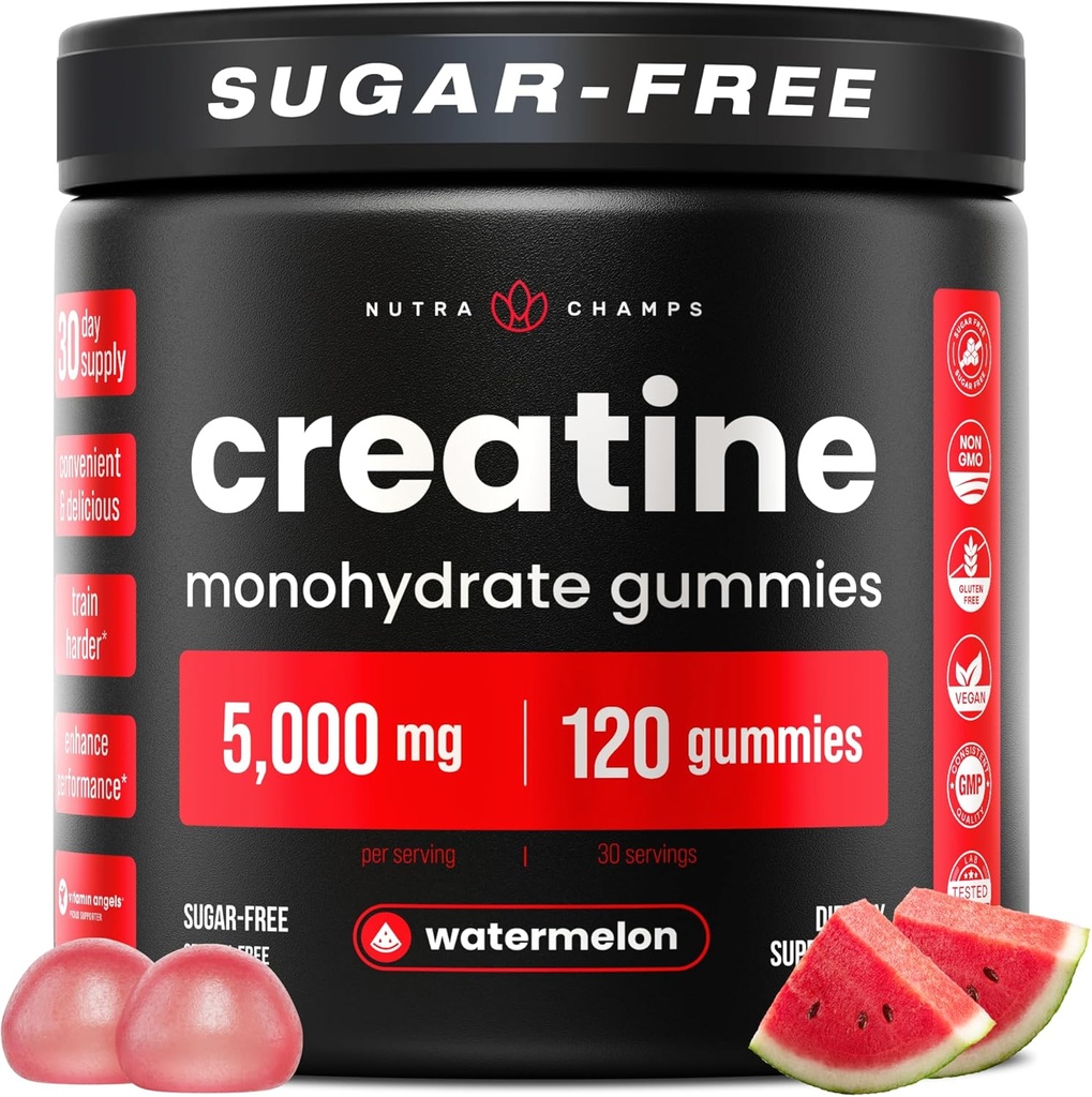 NutraChamps 120 Creatine Gummys for Men & Women - 5g Free Chewatine Monohydrate Gummys - 支持蛋白质合成,肌肉恢复和工作性能
