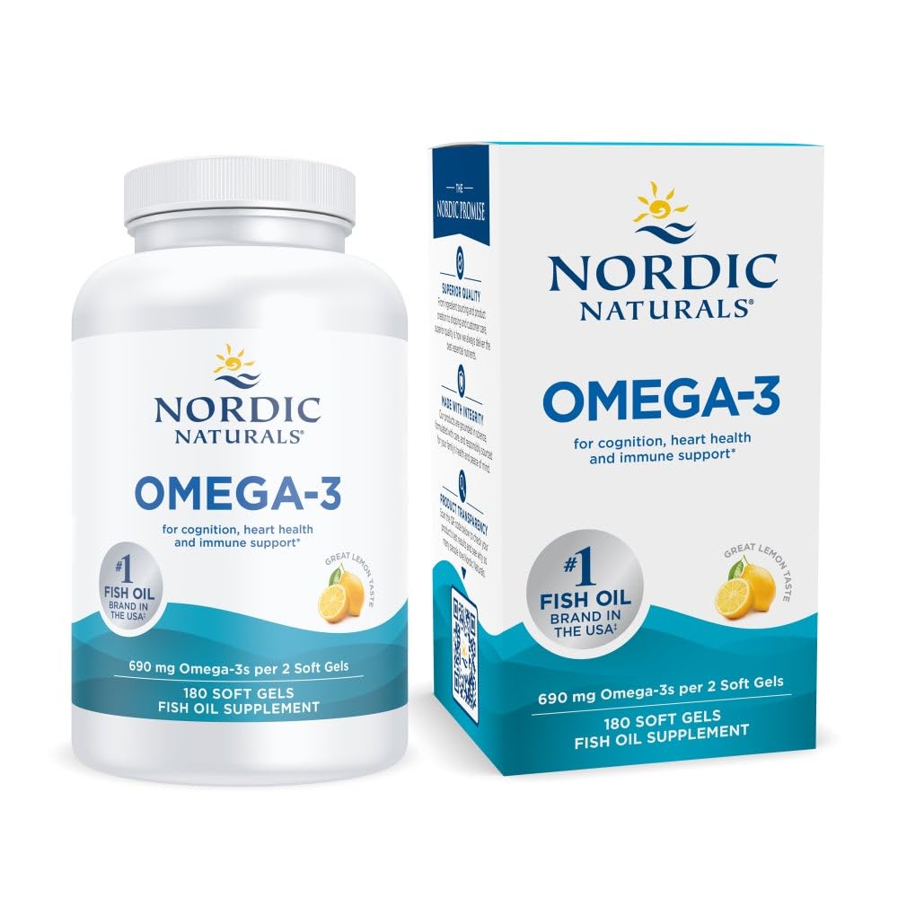 北欧自然学Omega-3,Lemon Flavor - 180 Soft Gels - 690 mg Omega-3 - 鱼油 - EPA & DHA - 免疫支持,大脑和心脏健康,最佳健康 - 非GMO - 90 服务