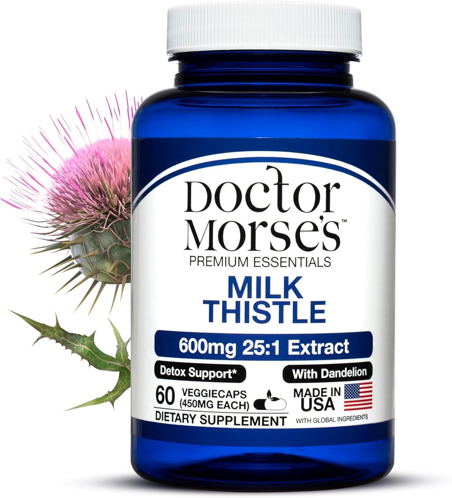 Morse Milk Thetle博士 Supplement 25:1 提取 600mg 等效至 15000mg, Liver Detox 支持 4:1 提取 300mg 等效至 1200mg Dandelion Root - FDA 认证 Ultra Potent Formula - 60 Caps