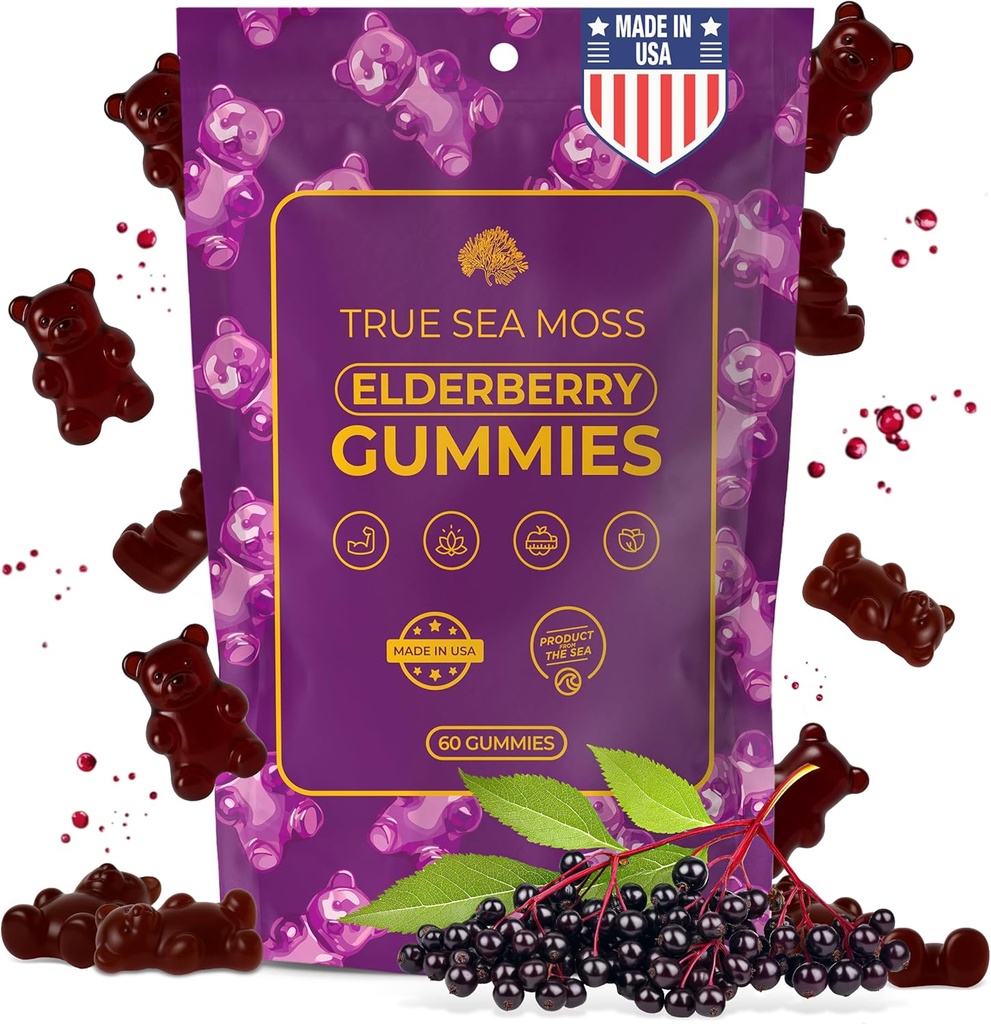 True SeaMoss Sea Moss Elderberry Gummys for Adults & Kids – 配有 Burdock Root, Bladderwrack & Magnesium – Vegan, 非GMO 公式 – 美国制造 – 60 Gummys