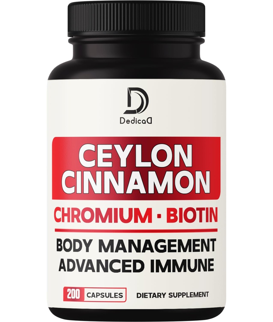 DEDICAD 13in1 Ceylon Cinnamon Capsules - 200 Capsules with Chromium Picolinate, Biotin, Grape Seed, Elderberry & More