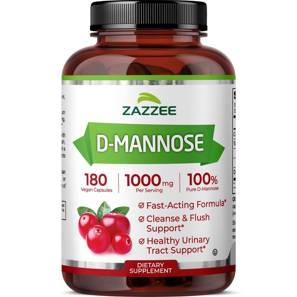 Zazzzee D-Mannose,每服1000毫克,180Vegan Capsules,3个月供应、供应和快速行动,认证Kosher,100%纯度,全自然尿道切除健康支持,100%蔬菜,非GMO