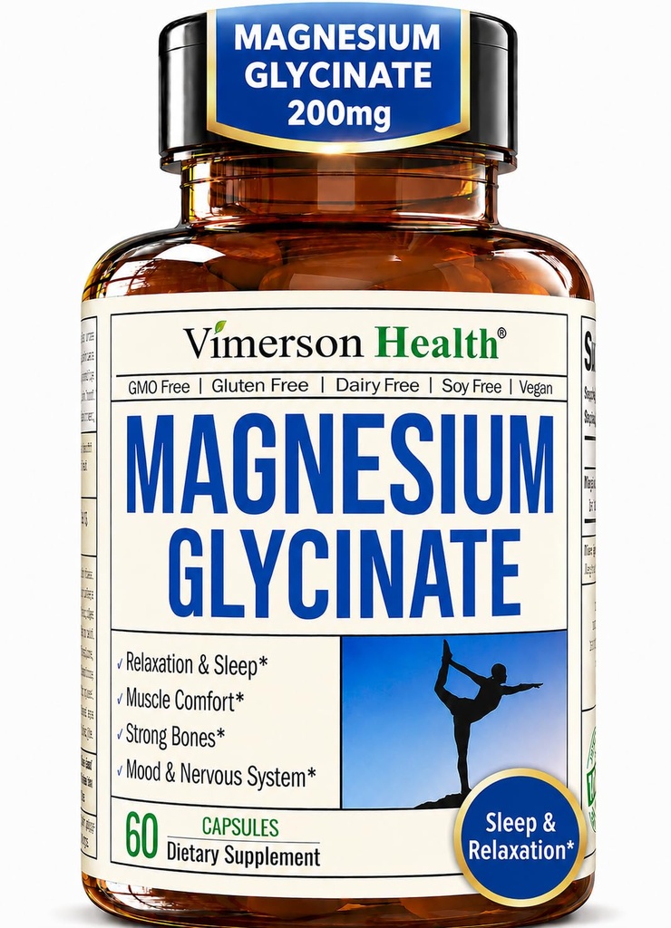 纯镁(Glicinato de Magnesio)200mg – 氯酸镁补充剂,用于睡眠,放松,肌肉和妇女的健康 – 更好的吸附剂比Citrate 或 Oxide – 60 Vegan Capsules