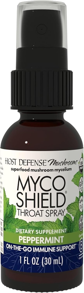 主机 Defense MycoShield Throat Spray - 免疫健康支持 - 饮食蘑菇补充剂与Chaga, Reishi, Turkey Tail & More - On-The-Go Immune支持 - Peppermint, 1 fl oz (71 services) *