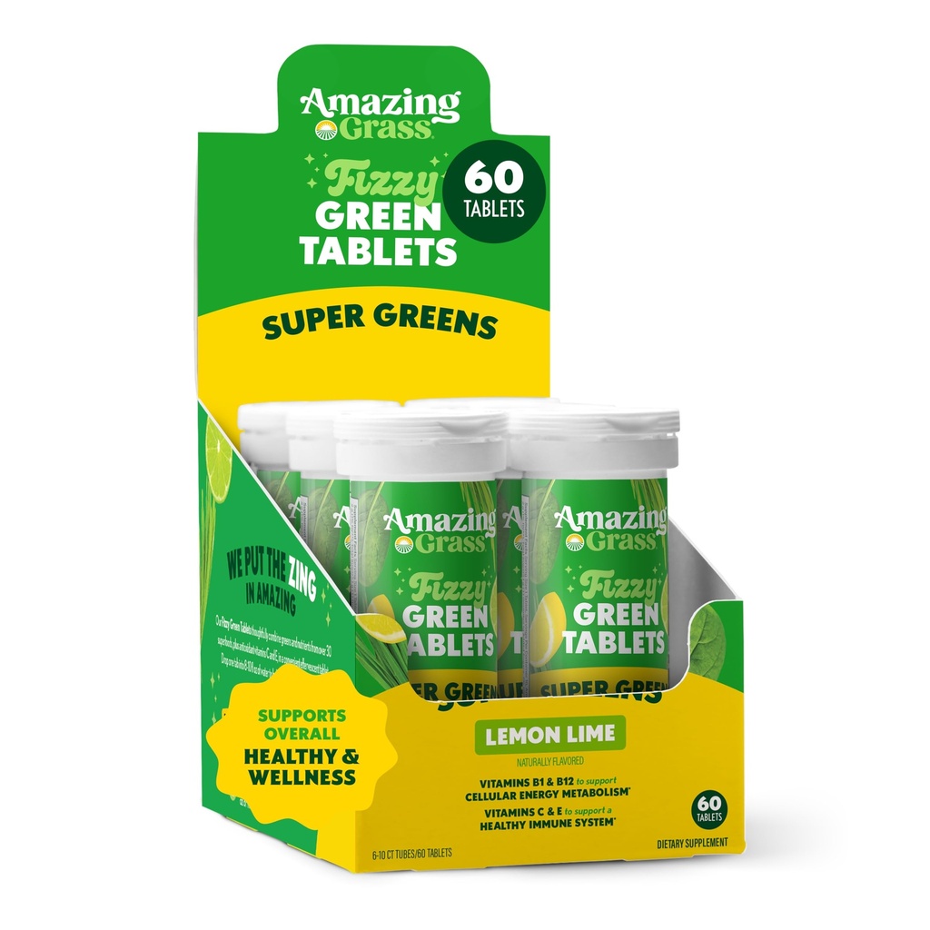 惊人的草原易燃药片:绿色超食品 含抗氧化剂的燃烧水片和 Alkaliting Greens, Lemon Lime, 60 Counter