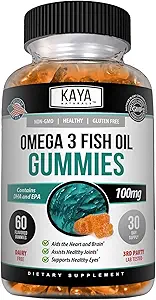 Kaya Naturals Omega 3 Fish Oil Gummys - 配有EPA & DHA Fatty Acids的鱼油补充剂 - 帮助支持大脑,眼睛,心脏健康和免疫支持 - 非GMO - 60个计数